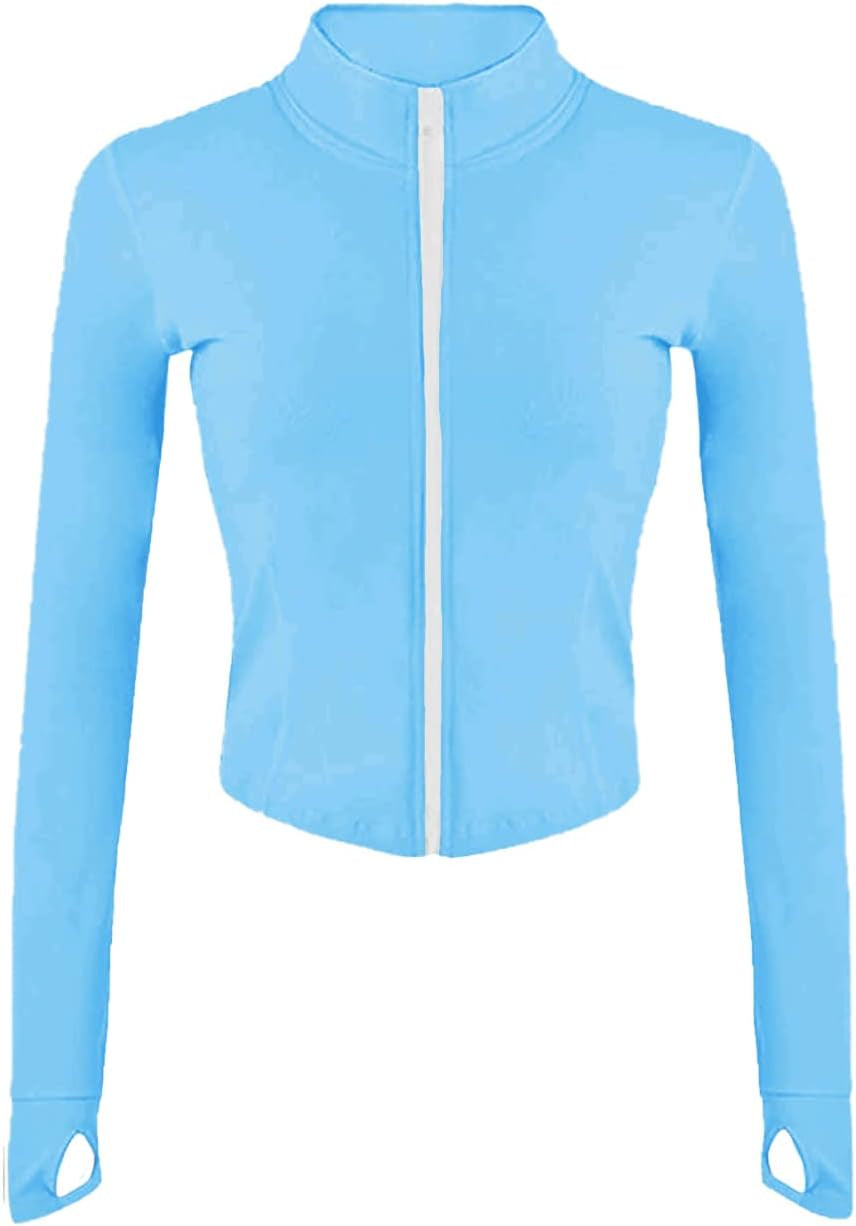 Womens Cropped Slim Athletic Yoga Workout Track Sports Zip up Jacket with Thumb Holes