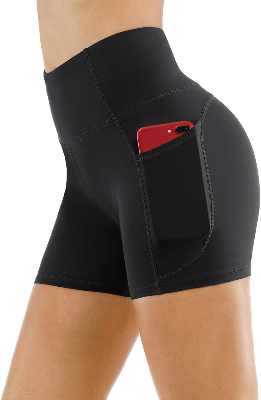 High Waist Yoga Shorts for Women'S Tummy Control Fitness Athletic Workout Running Shorts with Deep Pockets