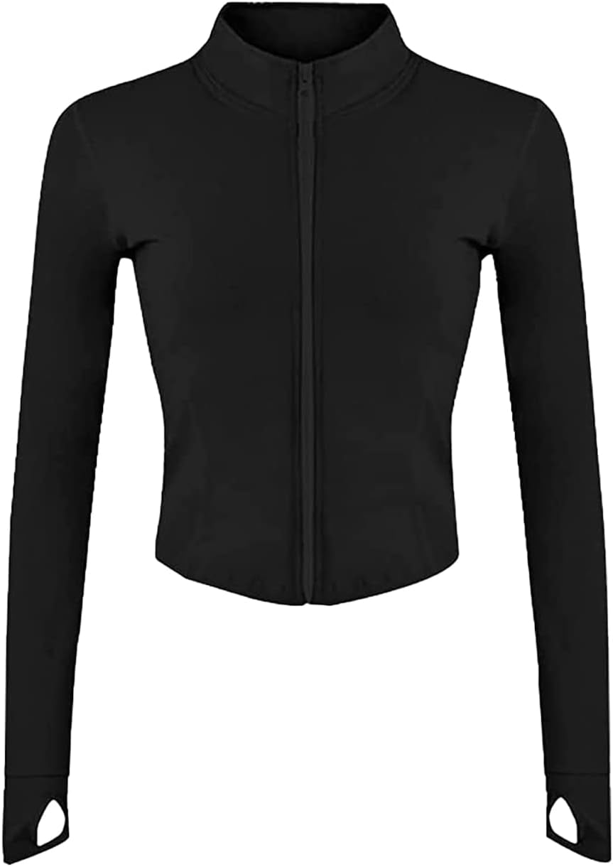 Womens Cropped Slim Athletic Yoga Workout Track Sports Zip up Jacket with Thumb Holes