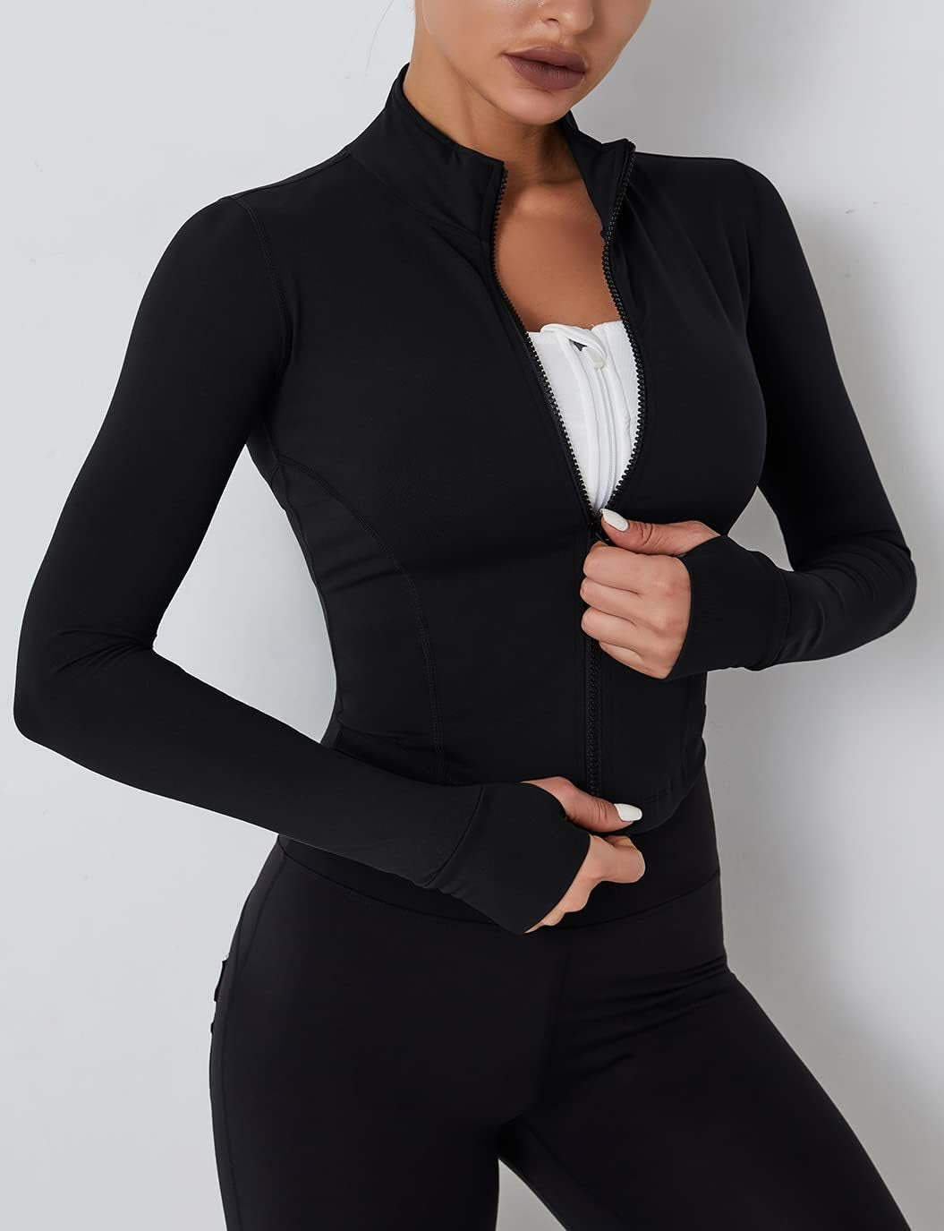 Womens Cropped Slim Athletic Yoga Workout Track Sports Zip up Jacket with Thumb Holes